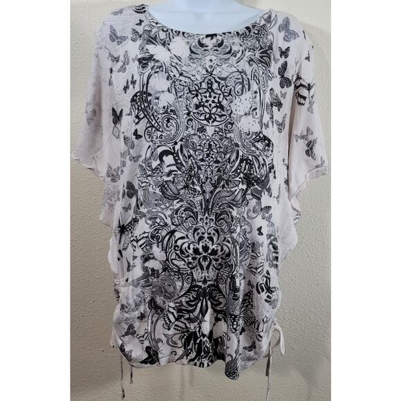 Style & Co White Black Gray Floral Butterflies Sequin Top Large Batwing Sleeves - Picture 1 of 6